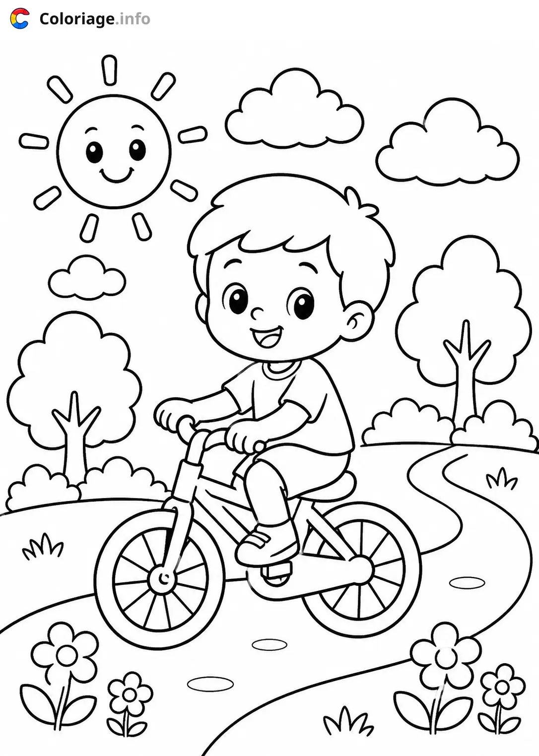 Coloriage Enfant à vélo dans la nature - Vélo à imprimer