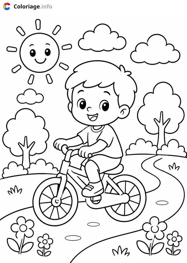 Coloriage Enfant à vélo dans la nature - Vélo à imprimer