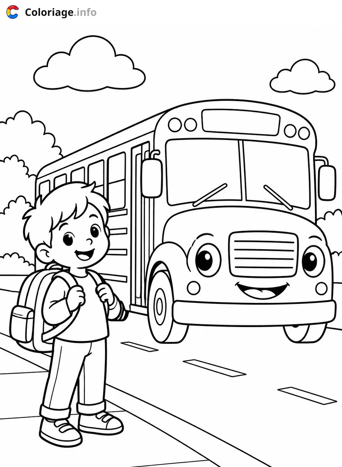 Coloriage Enfant attendant le bus scolaire - Rentrée scolaire à imprimer