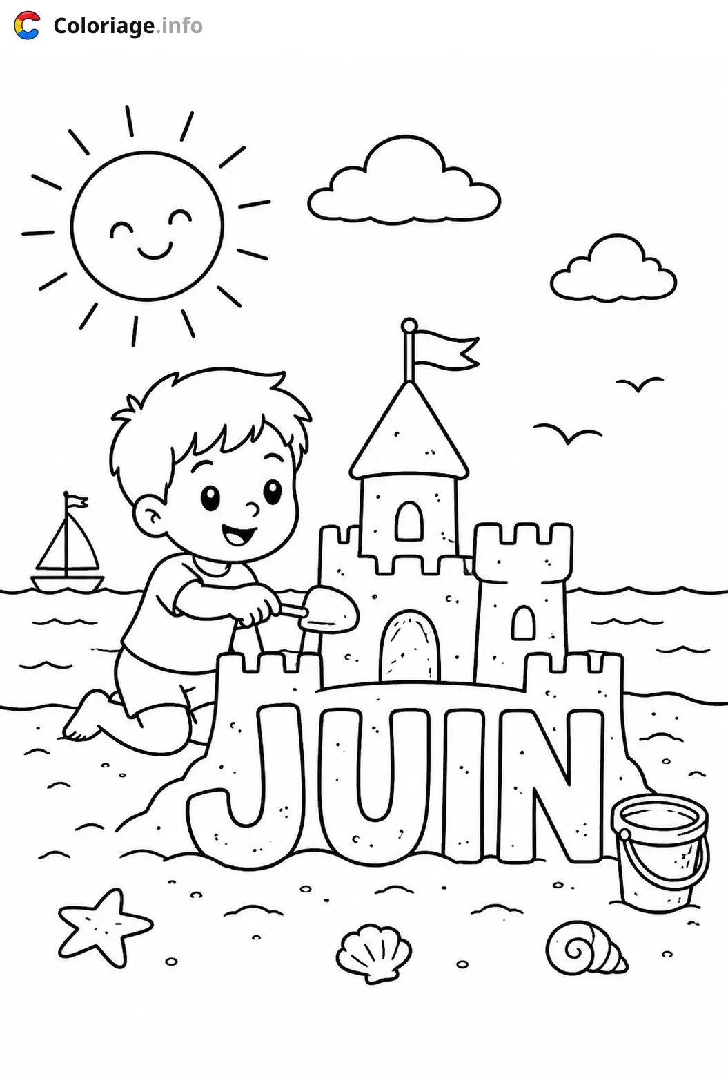 Coloriage Enfant construisant un château de sable - Juin à imprimer