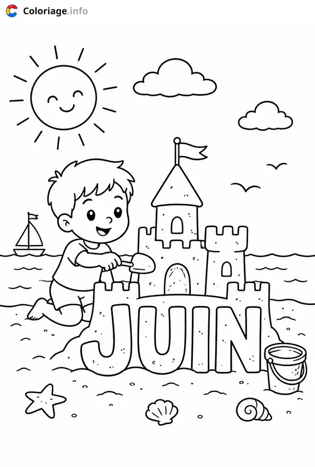 Coloriage Enfant construisant un château de sable - Juin à imprimer
