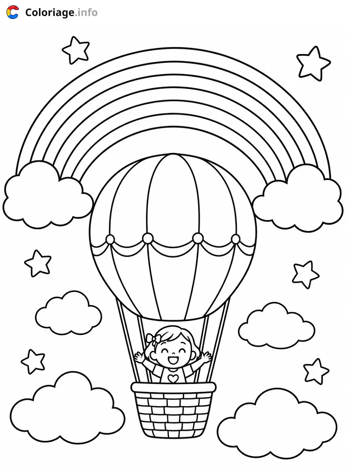 Coloriage Enfant en montgolfière dans les nuages - Arc en ciel à imprimer