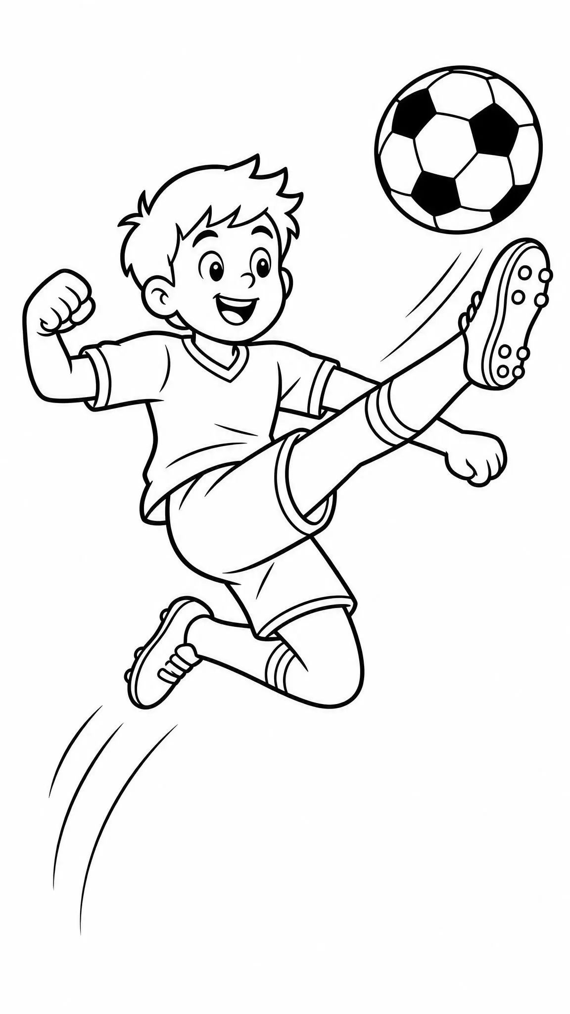 Ausmalbild Kind als Fußballer mit Fallrückzieher Cartoon zum Ausdrucken