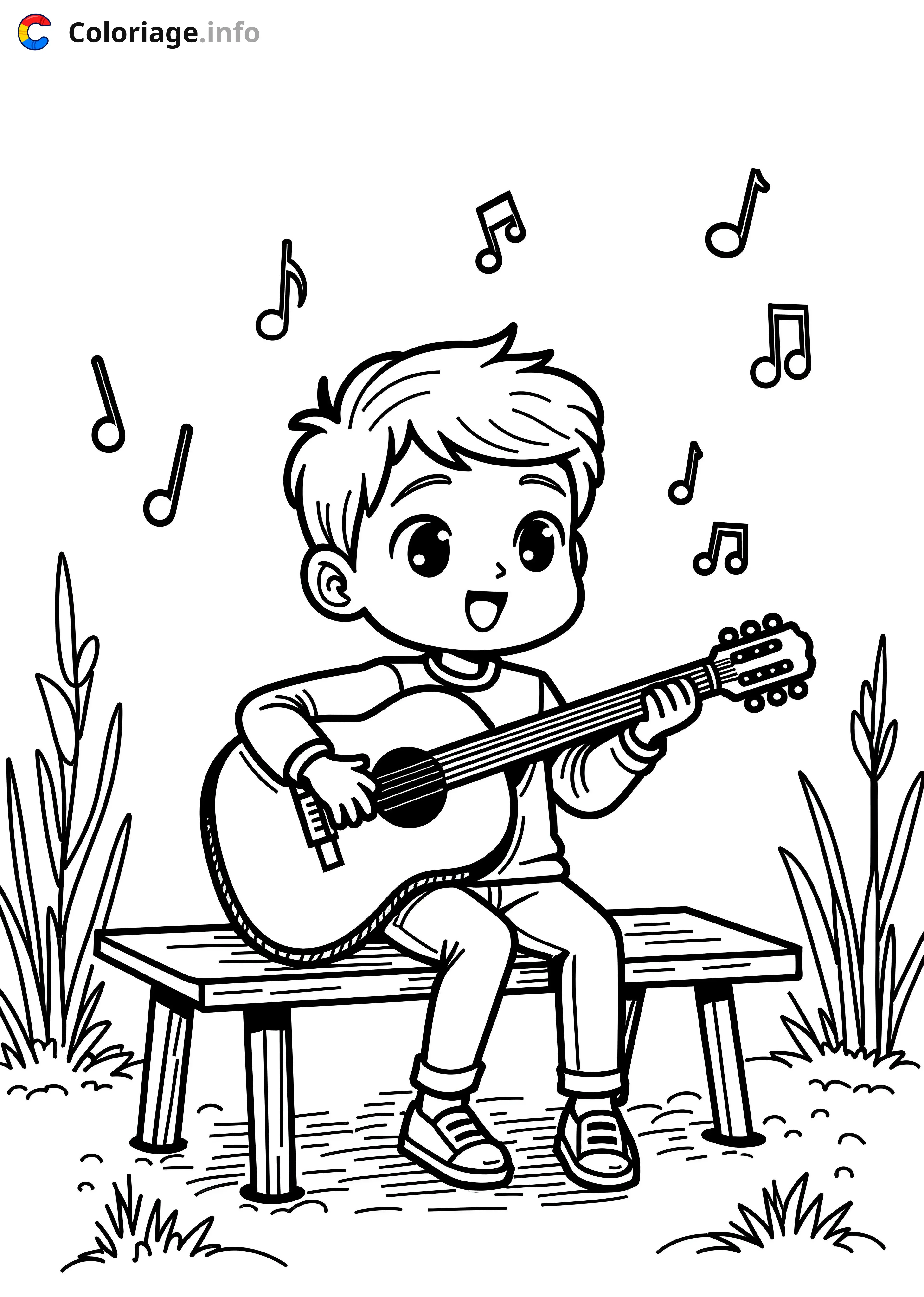 Coloriage Enfant jouant de la guitare qui aime la musique - Musique à imprimer