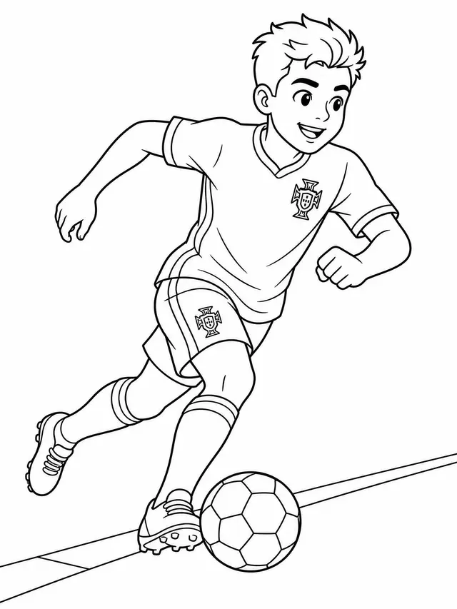 Desenho de Criança com uniforme de Portugal dribblando no campo para colorir