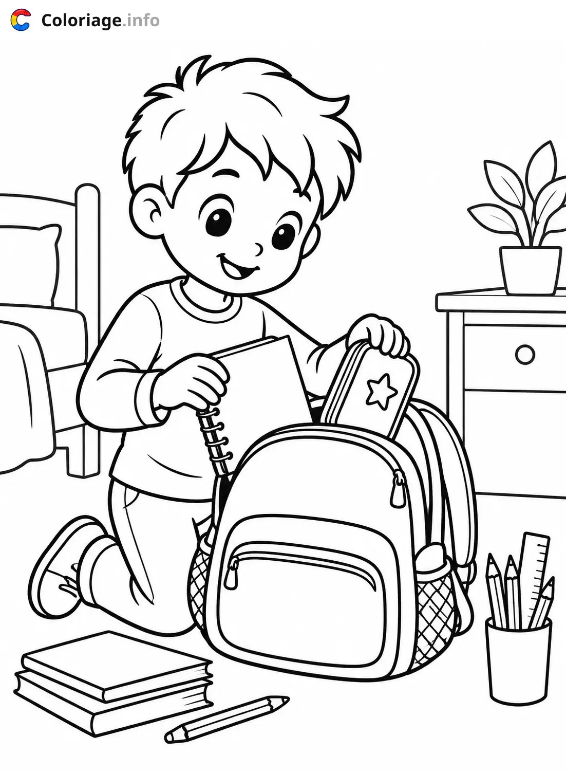Coloriage Enfant préparant son cartable scolaire - Rentrée scolaire à imprimer