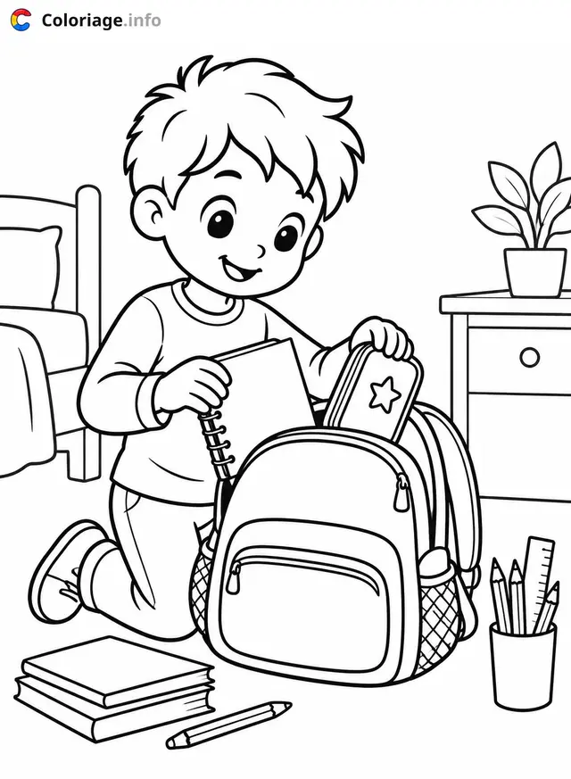 Ausmalbild Kind packt seinen Schulrucksack zum Ausdrucken