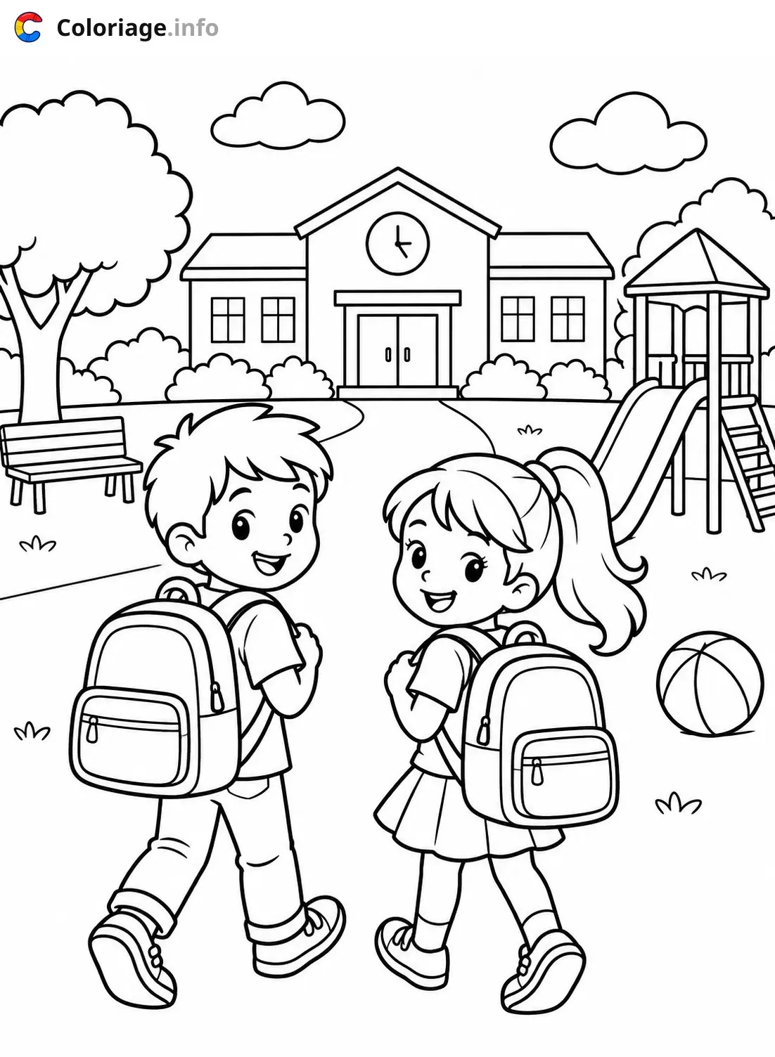 Coloriage Enfants à l'école avec cartables à imprimer