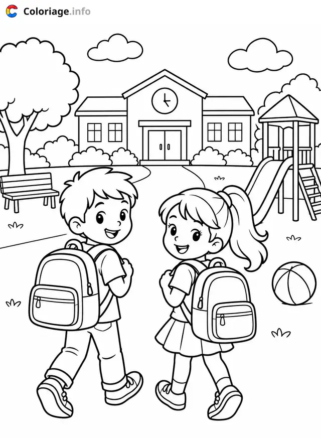 Ausmalbild Schulkinder mit Schulranzen zum Ausdrucken