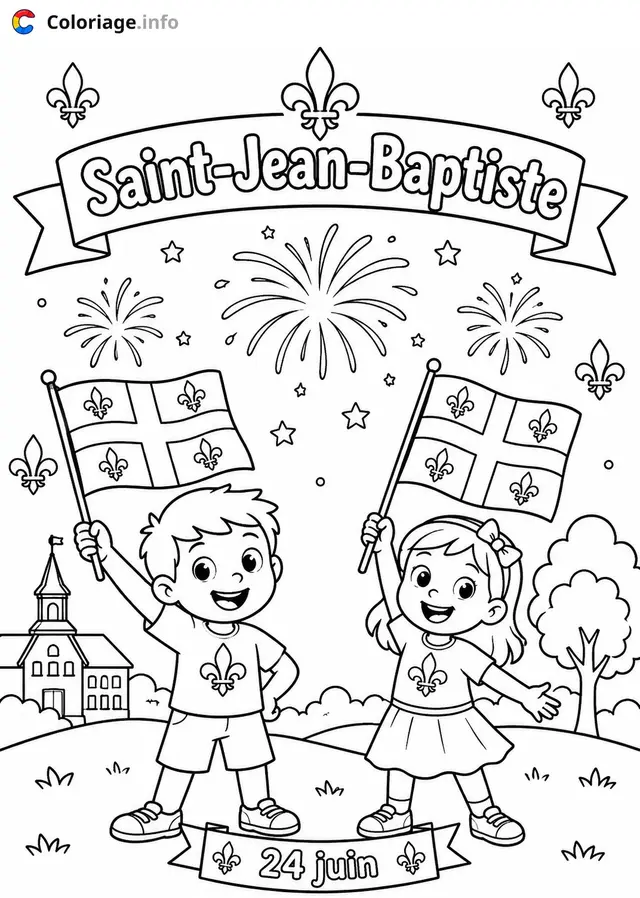 Desenho de Crianças Celebrando a Festa de São João no Québec para colorir