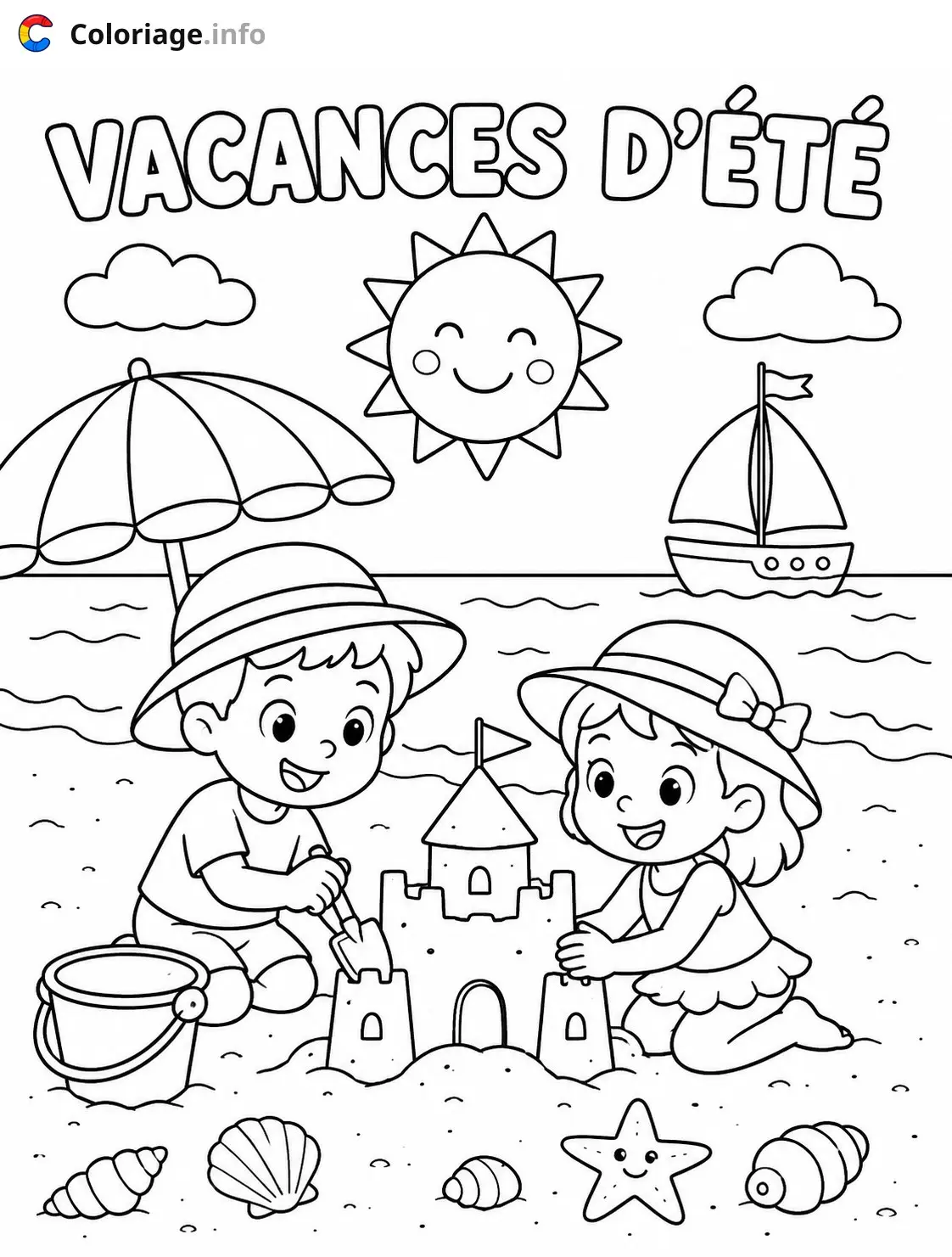 Coloriage Enfants construisent un château de sable - Été à imprimer