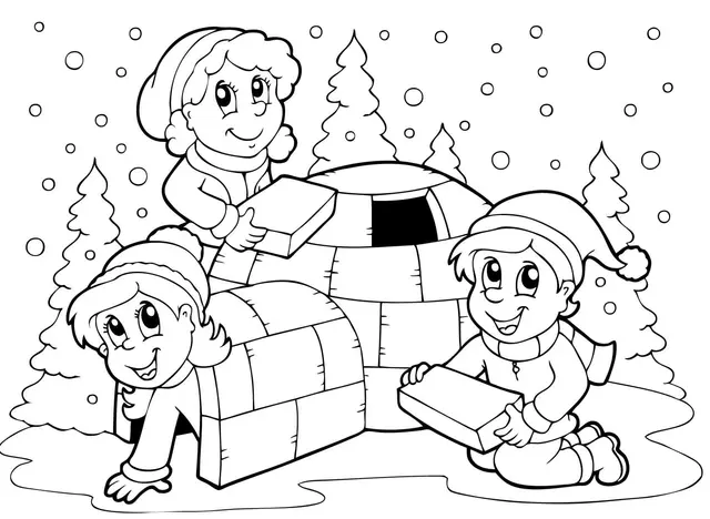 Coloriage Enfants Construisent Un Igloo En Hiver Sous La Neige - Hiver à imprimer