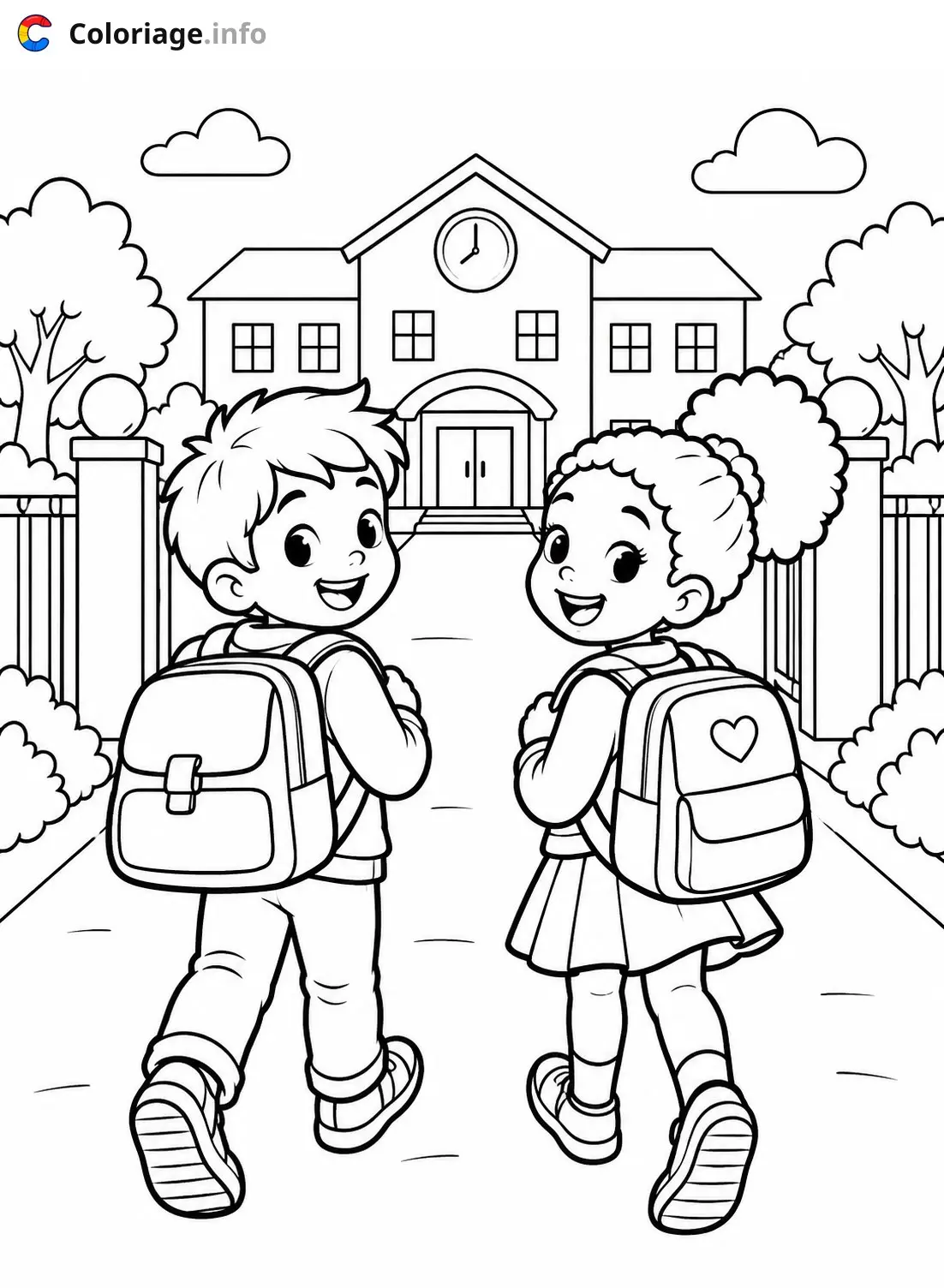 Coloriage Enfants heureux devant l'école - Rentrée scolaire à imprimer