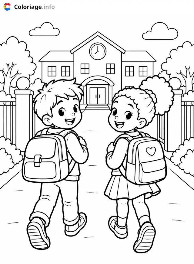Ausmalbild Glückliche Kinder vor der Schule zum Ausdrucken