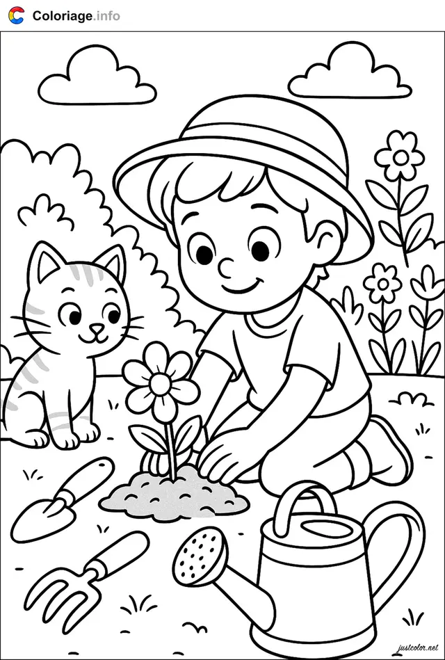 Coloriage Enfant qui plante une fleur au jardin - Jardin à imprimer