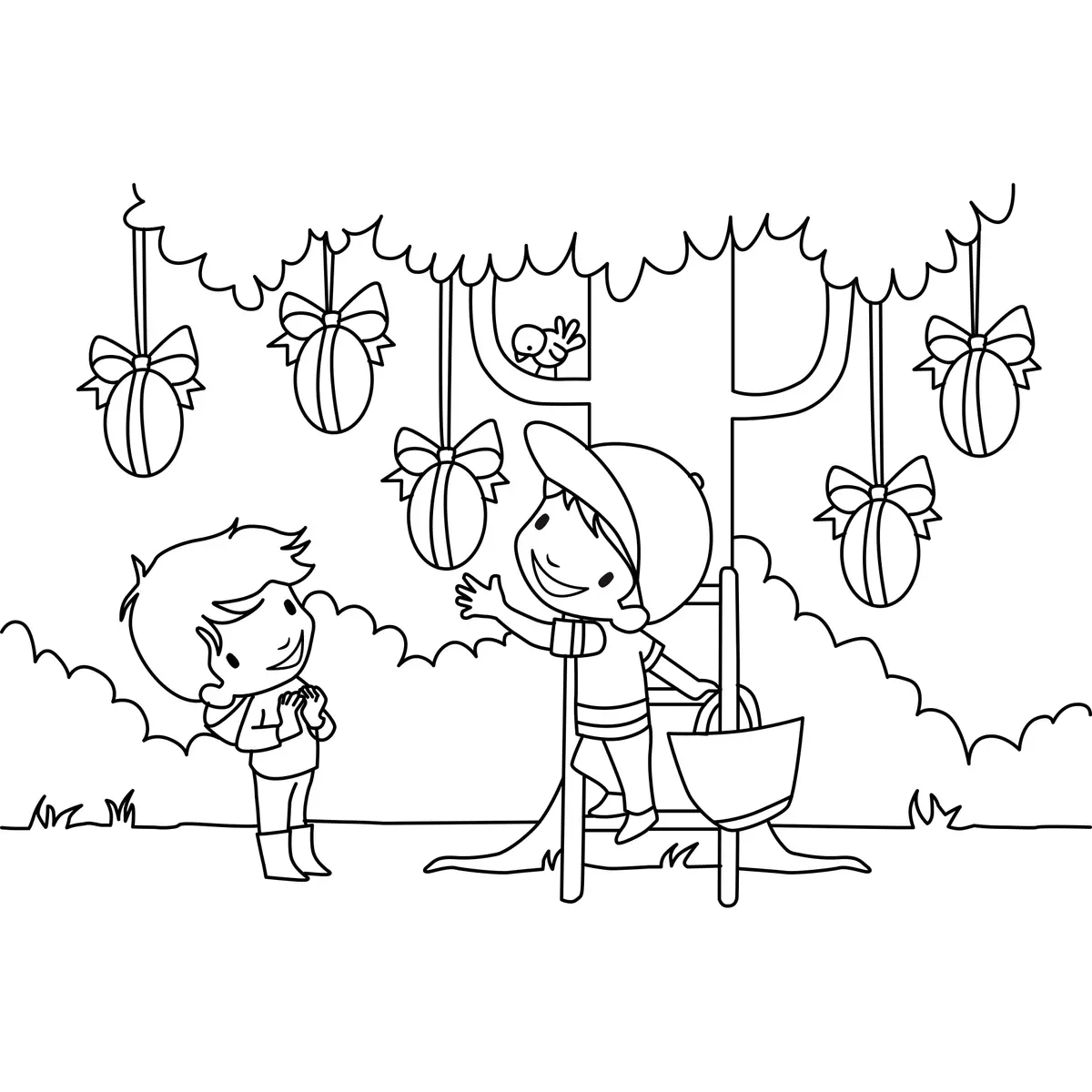 Disegno di Bambini e uova di Pasqua da stampare