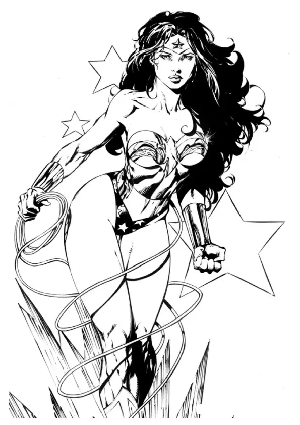 Ausmalbild Epic Wonder Woman Zäh wie Stahl mit Sternen – DC Comics zum Ausdrucken