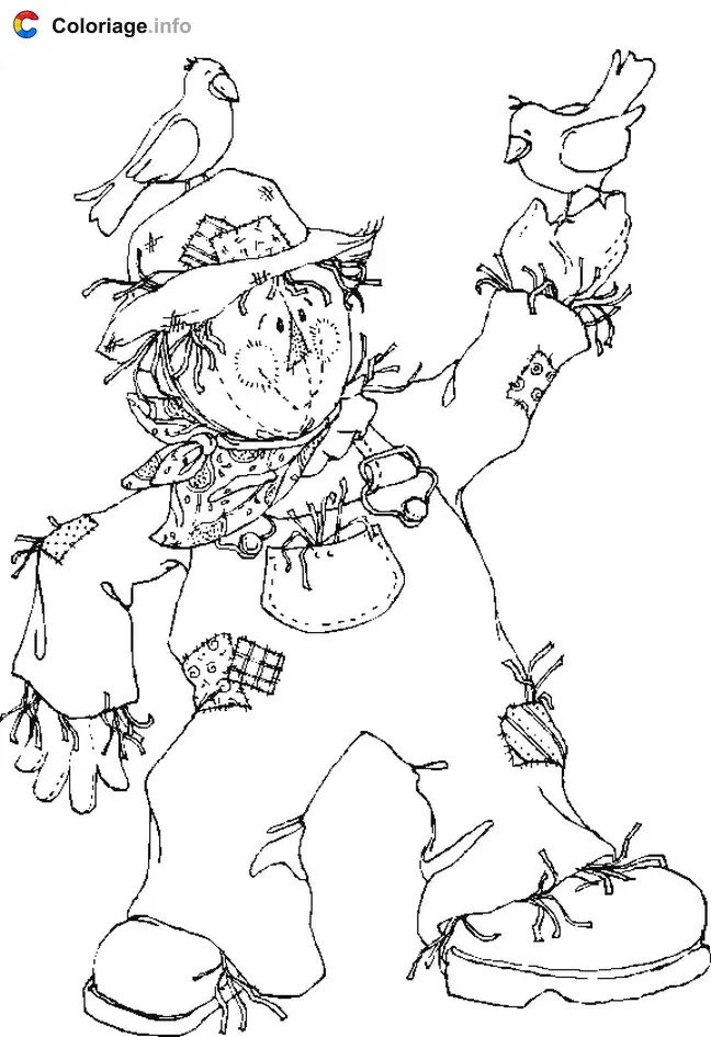 Coloriage Epouvantail avec deux oiseaux - Automne à imprimer