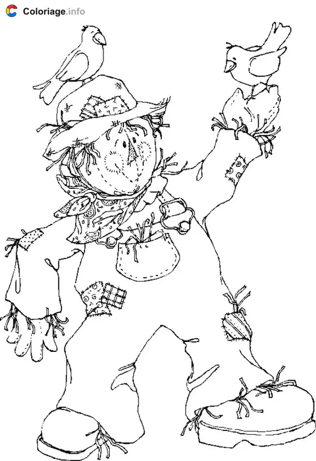 Coloriage Épouvantail avec deux oiseaux - Automne à imprimer
