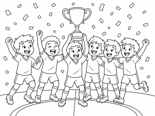 Desenho de Crianças jogadores de futebol celebrando vitória com troféu para colorir