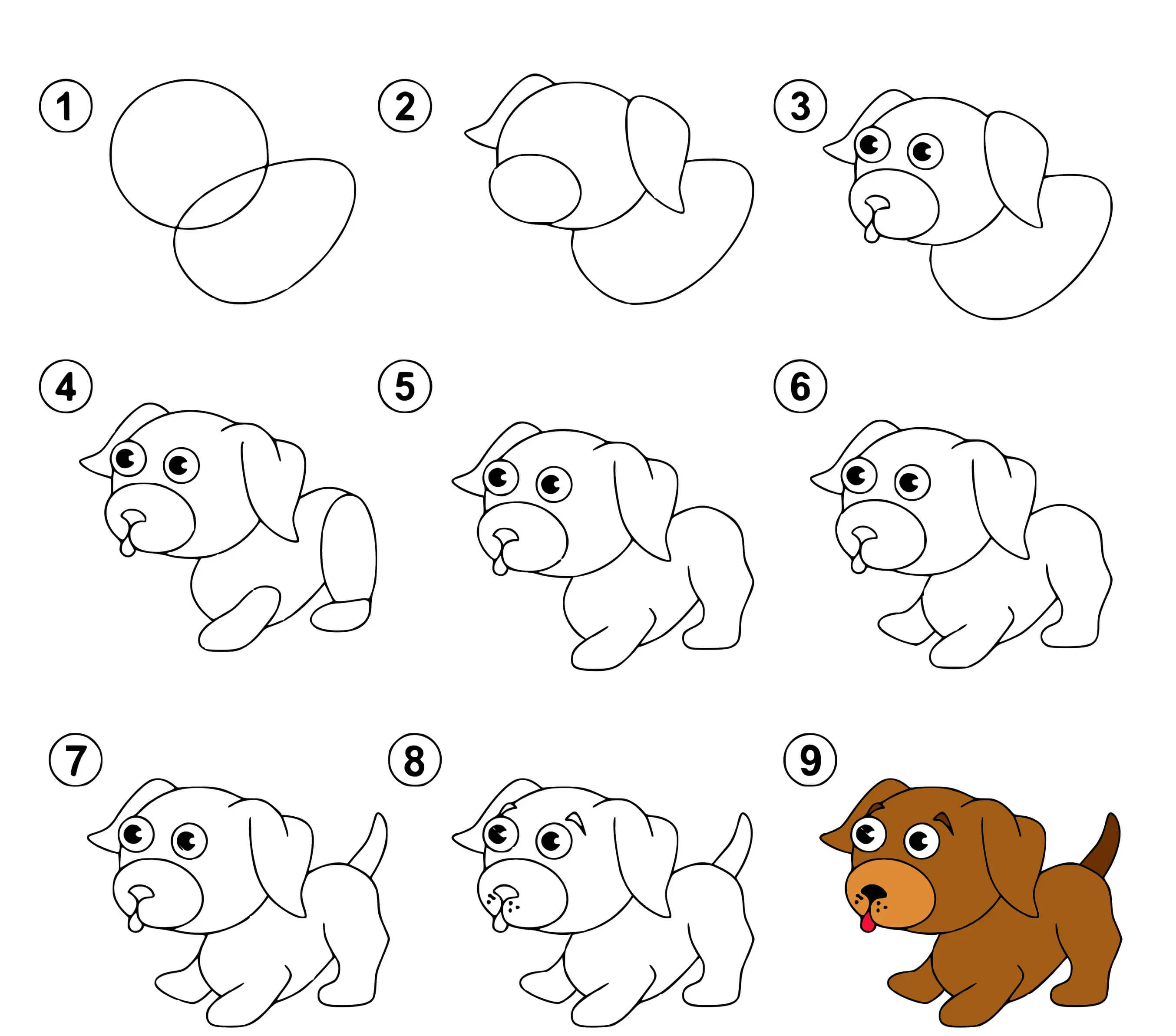 Coloriage Étape Par Étape Dessin Tutoriel Enfants Comment Dessiner Un Petit Chiot - Dessin facile à imprimer