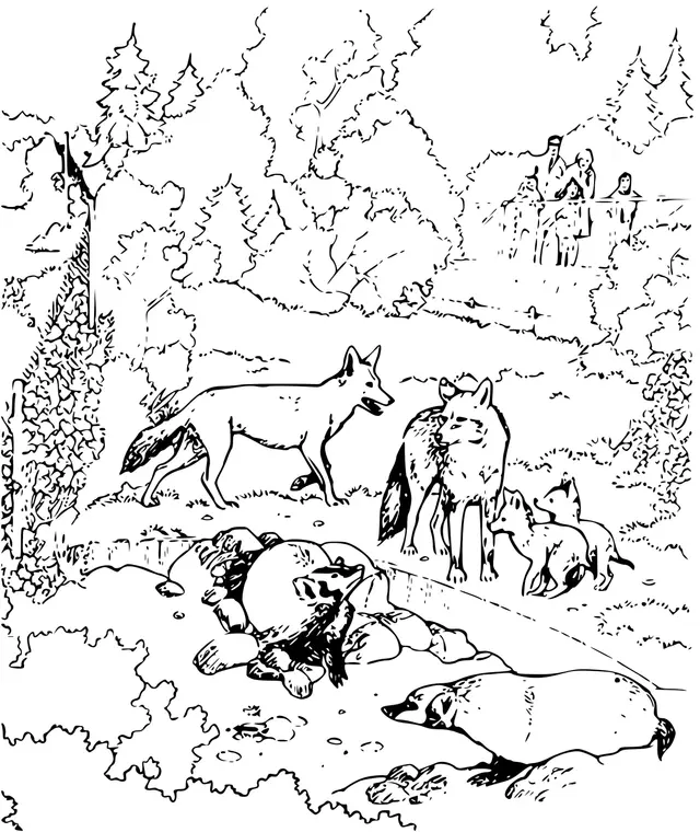 Coloriage Famille De Loups Dans Un Zoo Parc Animaux - Loup à imprimer