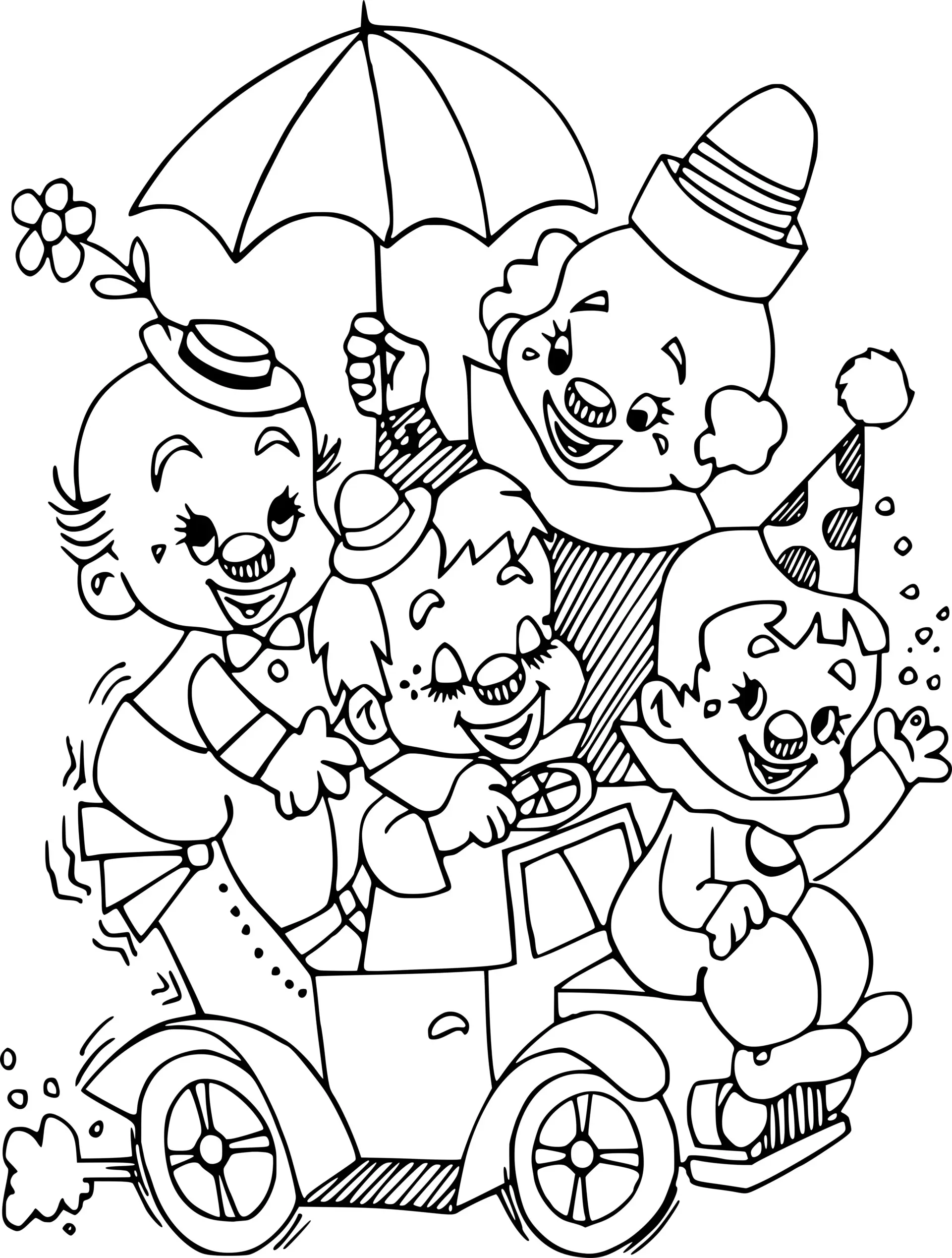 Coloriage Famille De Petits Clowns Sur Un Véhicule Pour La Fête - Carnaval à imprimer