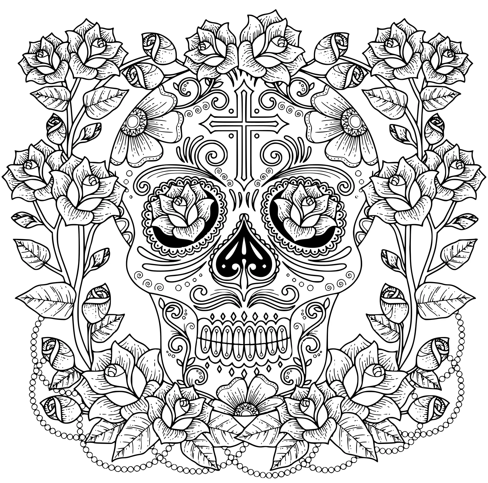 Coloriage Fantastique Magnifique Crane De Roses Et De Croix Modèle Anti Stress - Adulte à imprimer