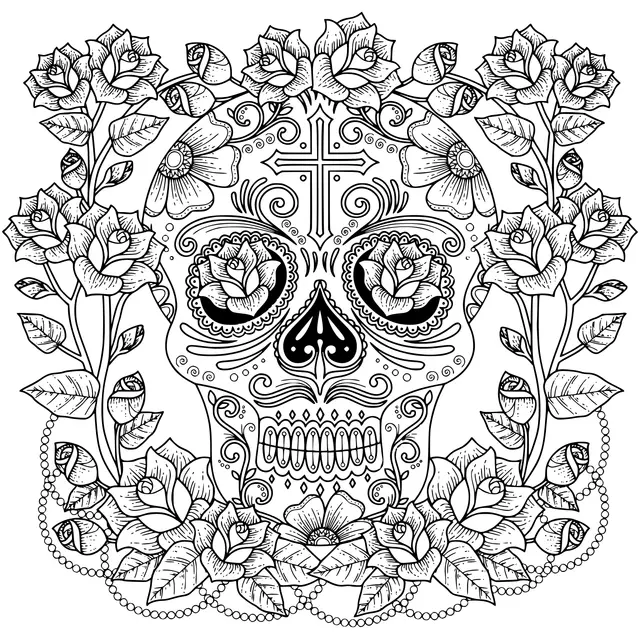 Coloriage Fantastique Magnifique Crane De Roses Et De Croix Modèle Anti Stress - Adulte à imprimer