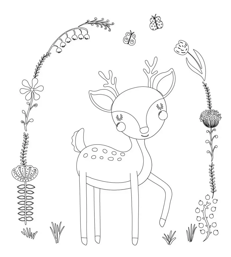 Coloriage Faon Fleurs Plantes - Cerf biche faon à imprimer