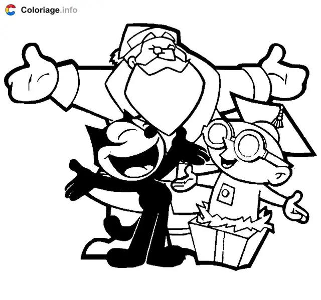 Coloriage Félix le Chat avec ses cadeaux de Noël - Félix le Chat à imprimer