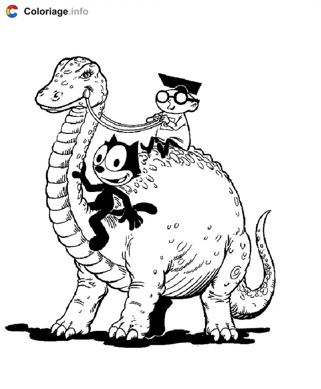 Coloriage Félix le Chat chevauchant un dinosaure - Félix le Chat à imprimer