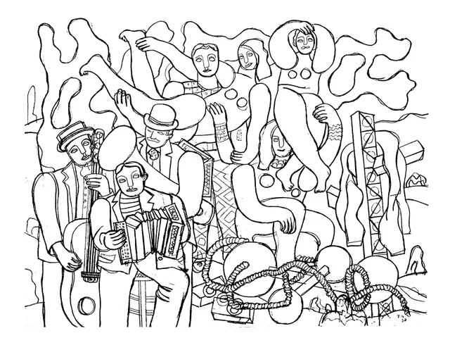 Coloriage Acrobates et musiciens en style géométrique - Art à imprimer