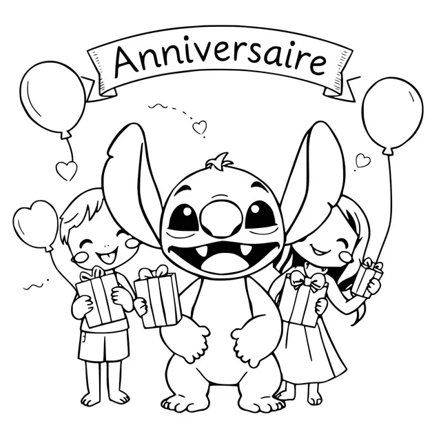 Dibujo de Stitch celebrando un cumpleaños con niños para colorear