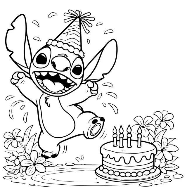 Dibujo de Fiesta de Cumpleaños de Stitch con Tarta para colorear