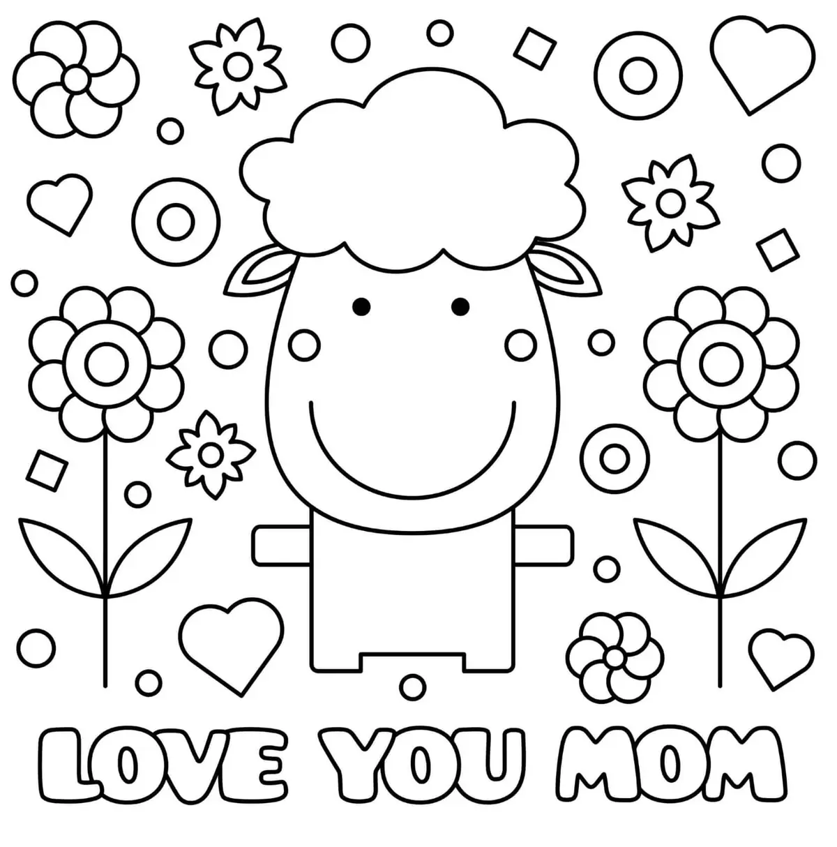Mother's Day Sheep with Flowers and Hearts coloring page to print
