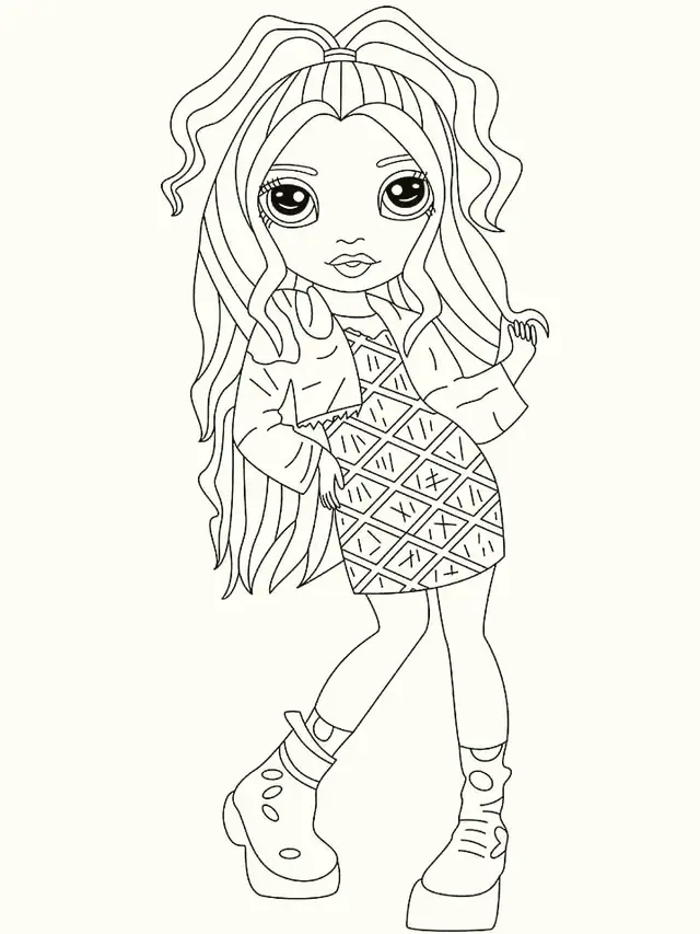 Dibujo de Chica Rainbow High con vestido gráfico y pelo ondulado para colorear