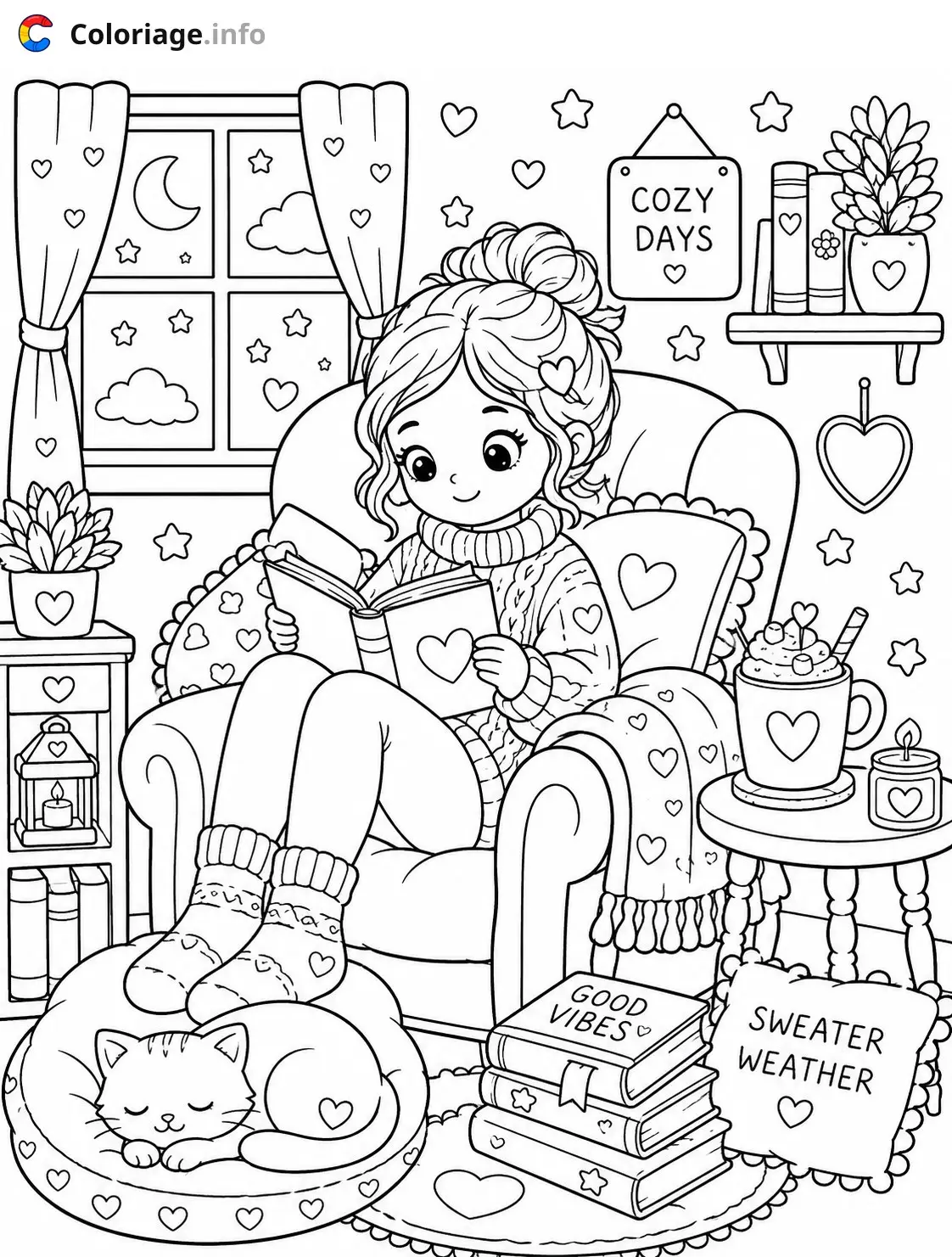Coloriage Fille cozy en automne avec chat - Cozy à imprimer