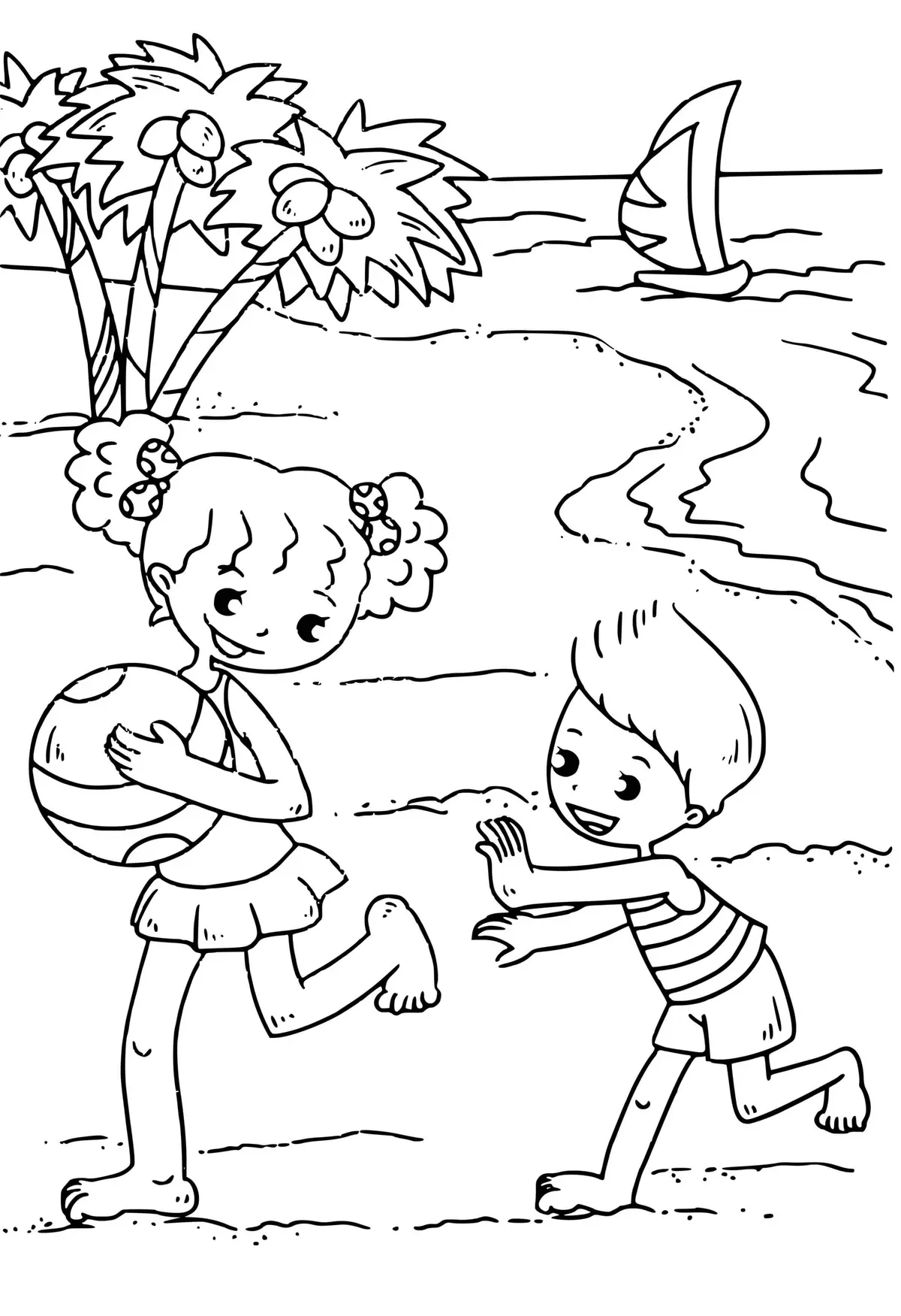 Disegno di Bambina e bambino in allegria sulla spiaggia da stampare