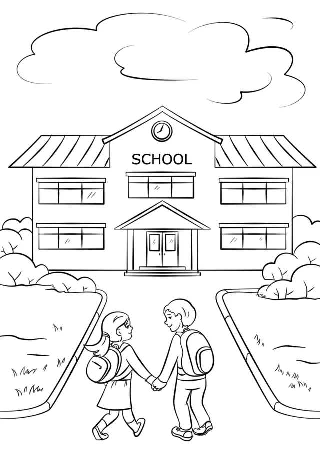 Ausmalbild Mädchen und Junge beim Schulanfang zum Ausdrucken