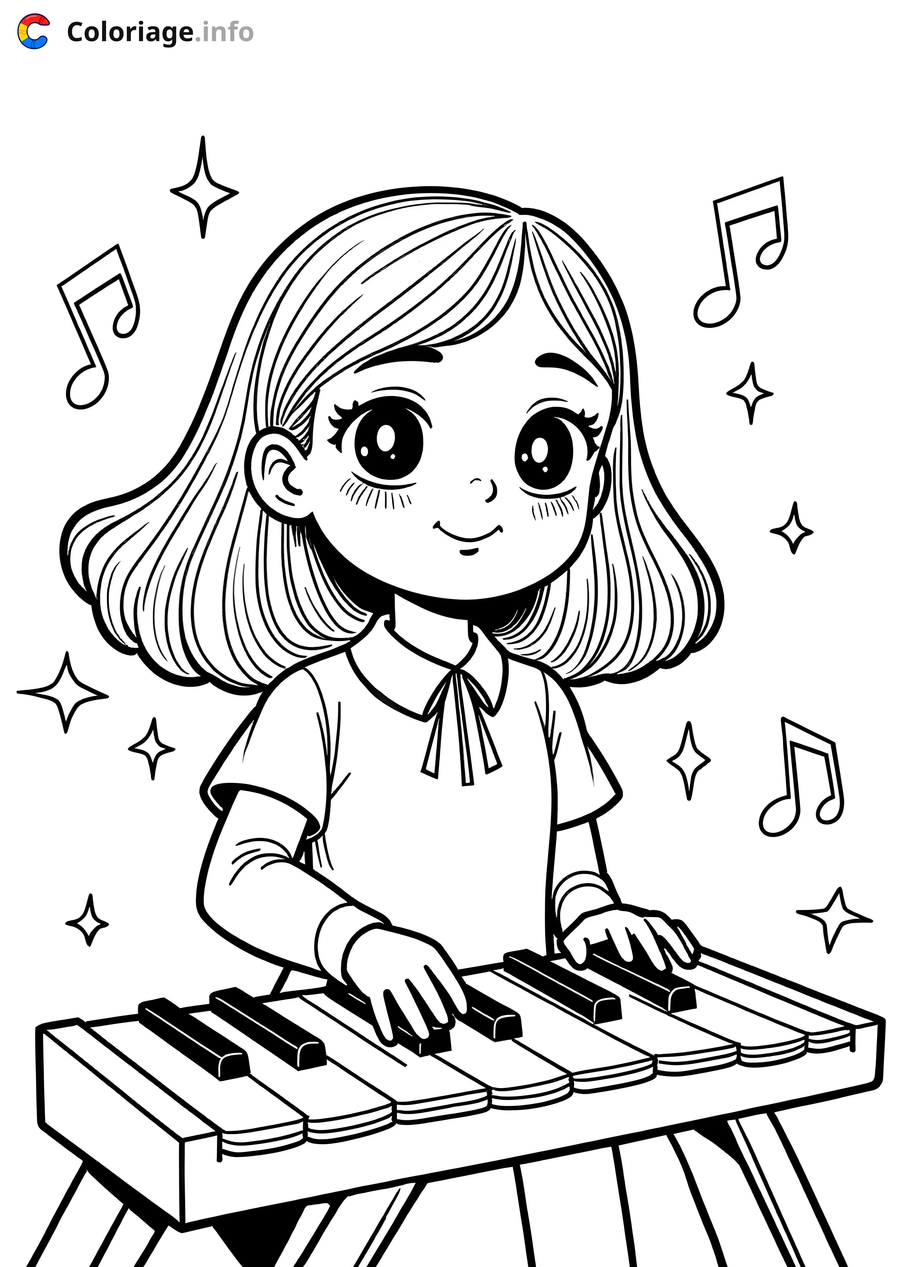 Coloriage Fille jouant du piano avec sourire - Musique à imprimer