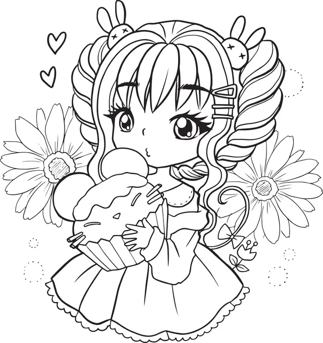 Coloriage Fille Manga 6 Ans Aime Les Cupcakes - Fille à imprimer