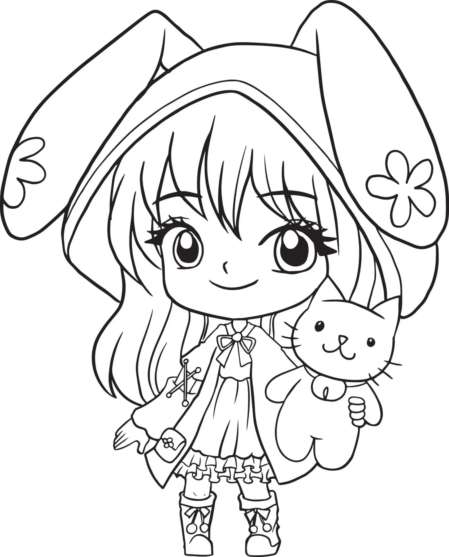 Coloriage Fille Manga Avec Son Nounours - Fille à imprimer