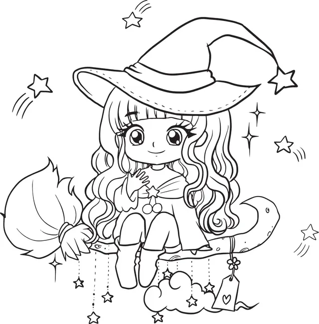 Coloriage Fille Manga Chapeau Et Sorcière - Fille à imprimer