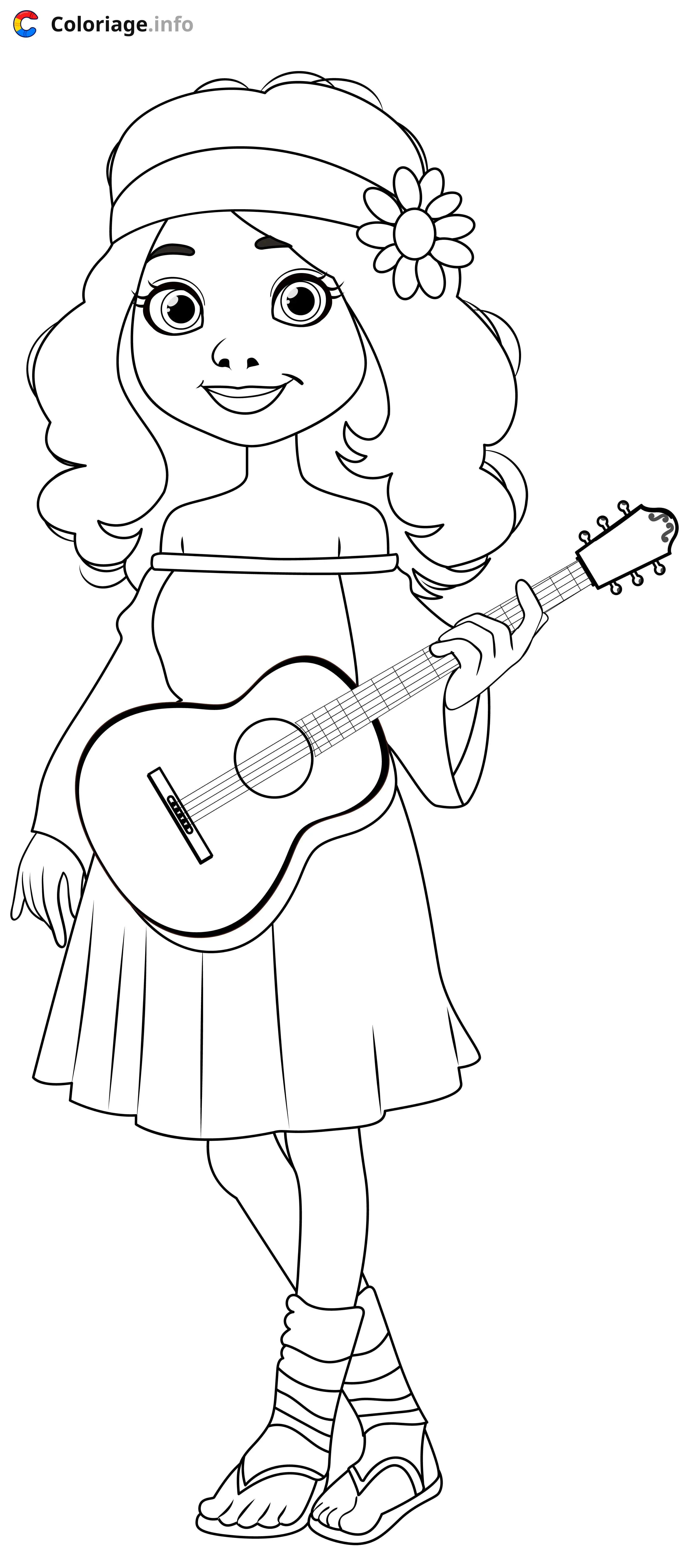 Coloriage Fille musicienne avec sa guitare - Musique à imprimer
