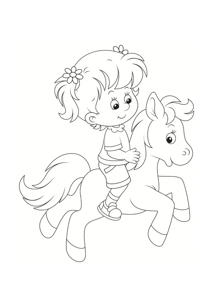 Little Girl Riding a Pony coloring page to print