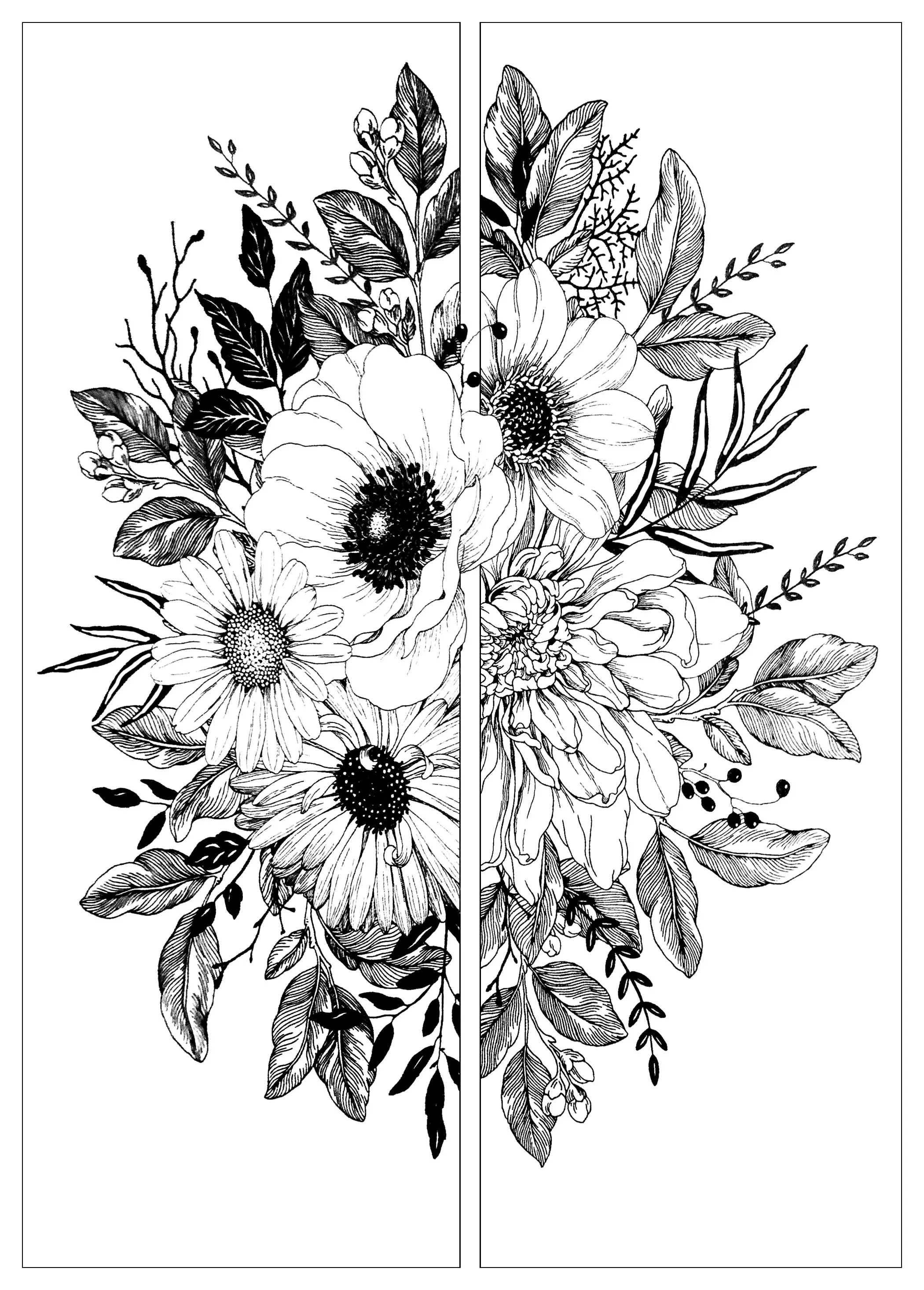 Coloriage Fleurs Deux Parties - Bouquet de fleurs à imprimer
