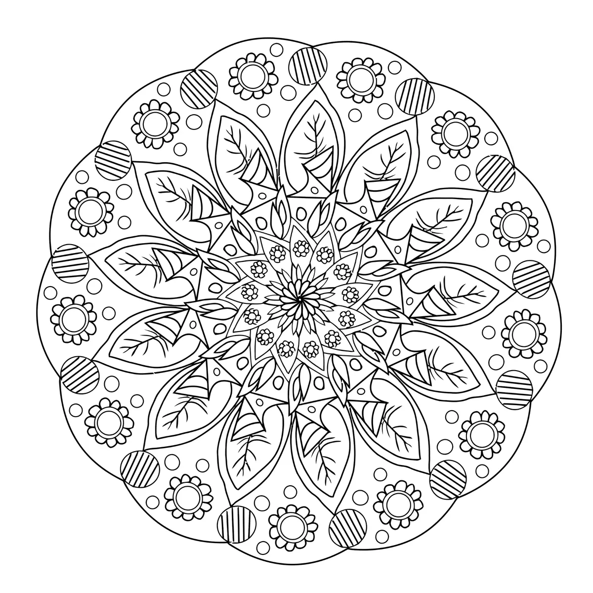 Coloriage Mandala floral symétrique aux feuilles - Adulte à imprimer