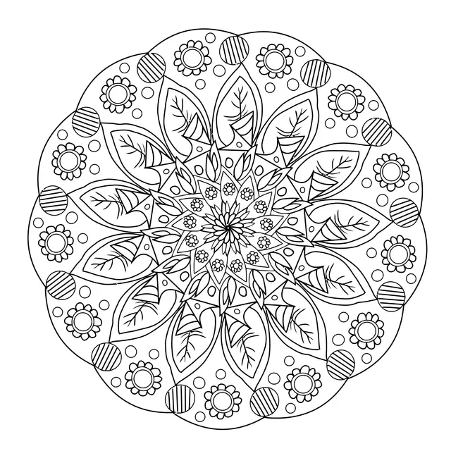 Coloriage Mandala floral symétrique aux feuilles - Adulte à imprimer