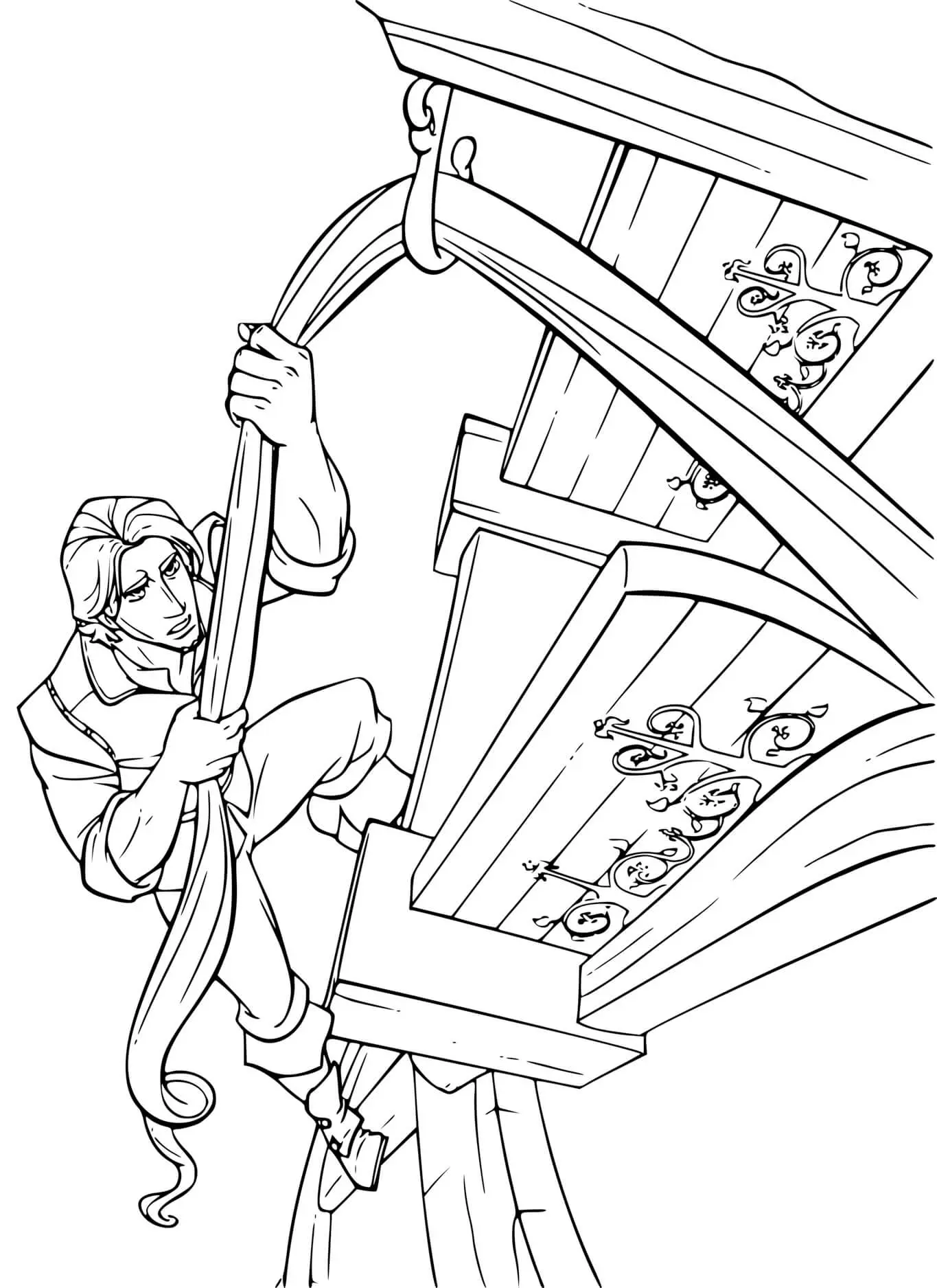 Coloriage Flynn Rider Escalade La Tour Avec Les Cheveux De Raiponce - Raiponce à imprimer